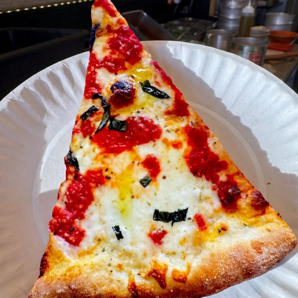 A slice of pizza with red sauce, melted white cheese, and basil on a paper plate.