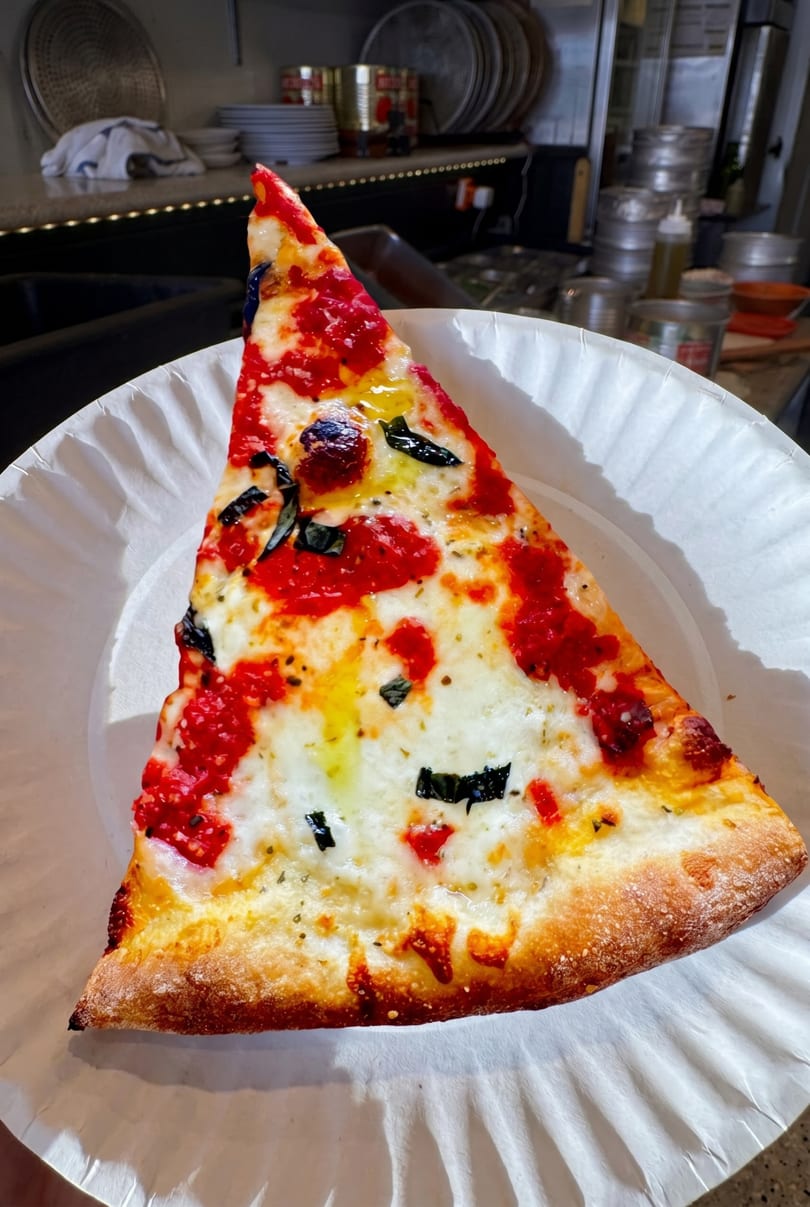 A slice of pizza with red sauce, melted white cheese, and basil on a paper plate.