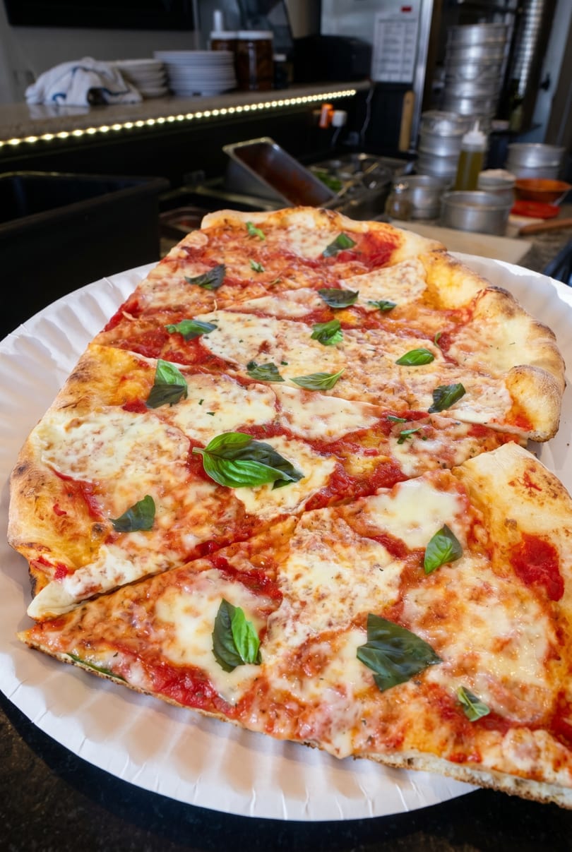 A large, rectangular Margherita pizza with fresh basil leaves on a white paper plate.