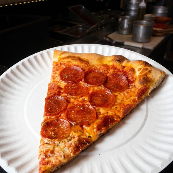A large slice of pepperoni pizza on a white paper plate, with a dark kitchen background.
