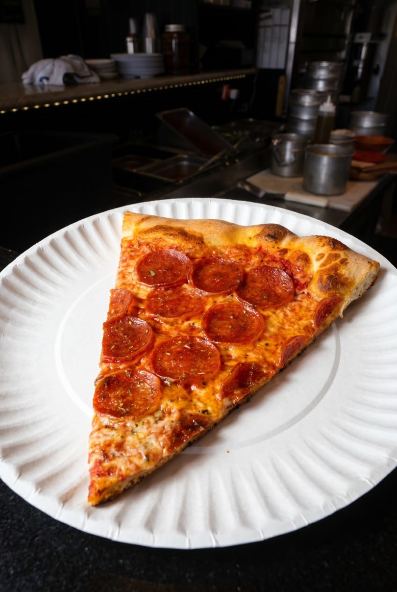 A large slice of pepperoni pizza on a white paper plate, with a dark kitchen background.