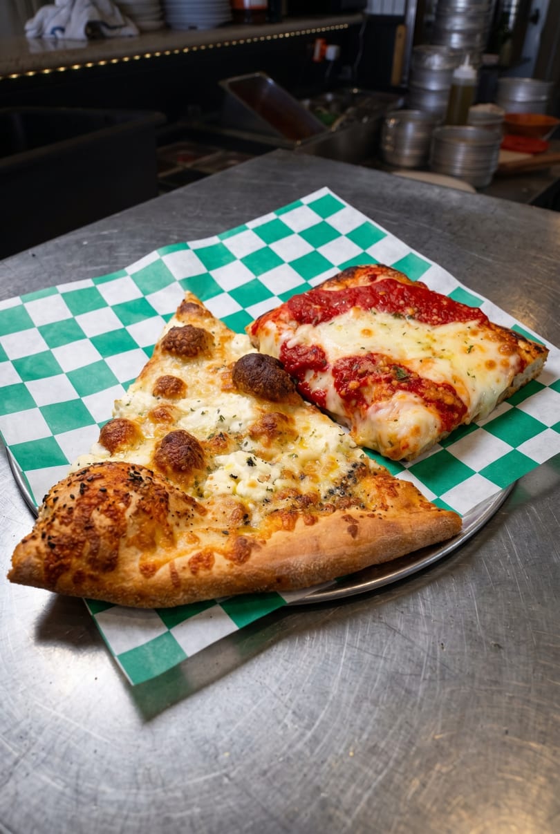Two pizza slices, one white and one red, on green and white checkered paper on a metal counter.