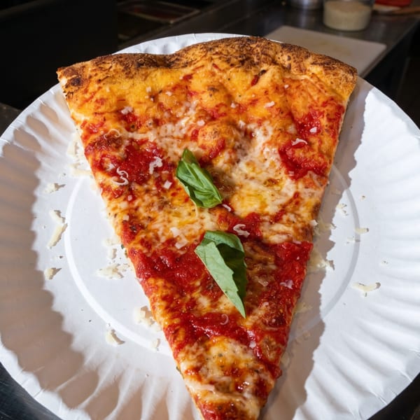 A large slice of cheese pizza with red sauce and basil on a white paper plate.