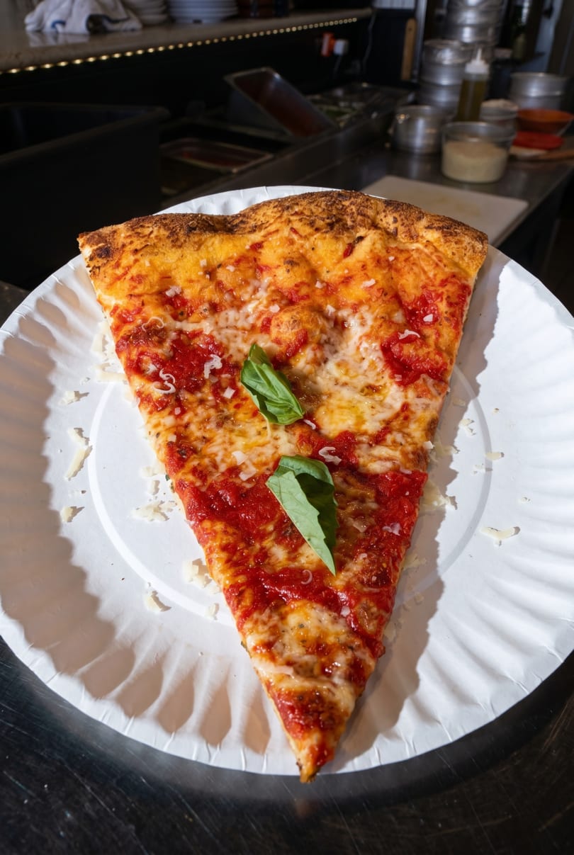 A large slice of cheese pizza with red sauce and basil on a white paper plate.
