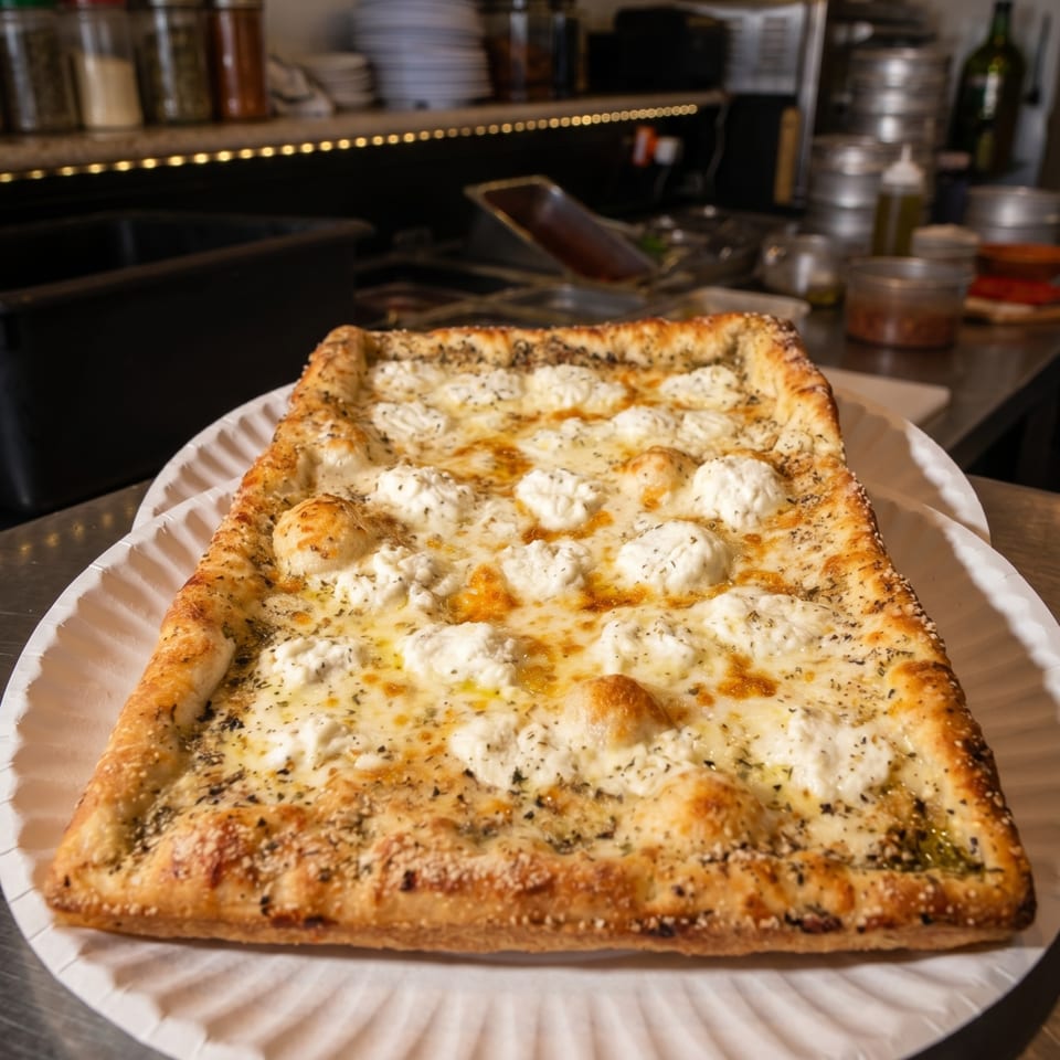 A rectangular white pizza with dollops of ricotta cheese and herbs on a paper plate.