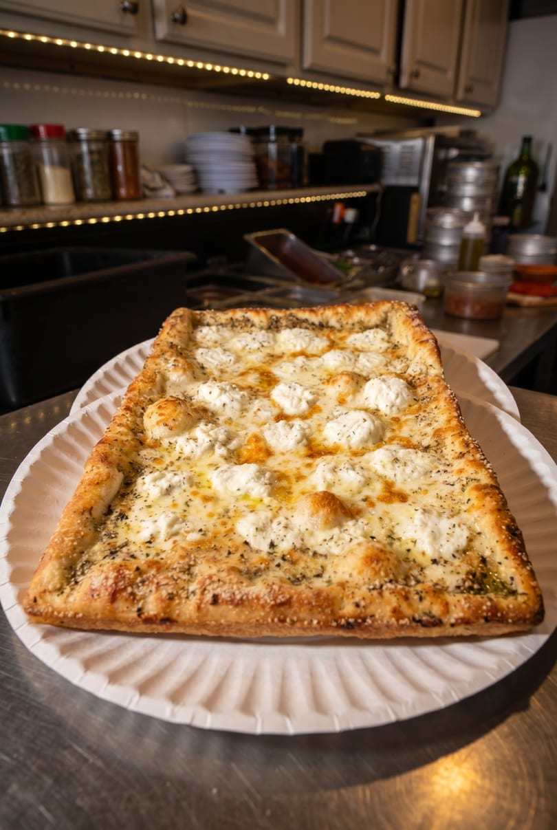 A rectangular white pizza with dollops of ricotta cheese and herbs on a paper plate.