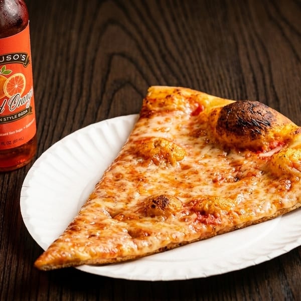 A slice of cheese pizza on a white paper plate next to a bottle of Caruso's Blood Orange soda.