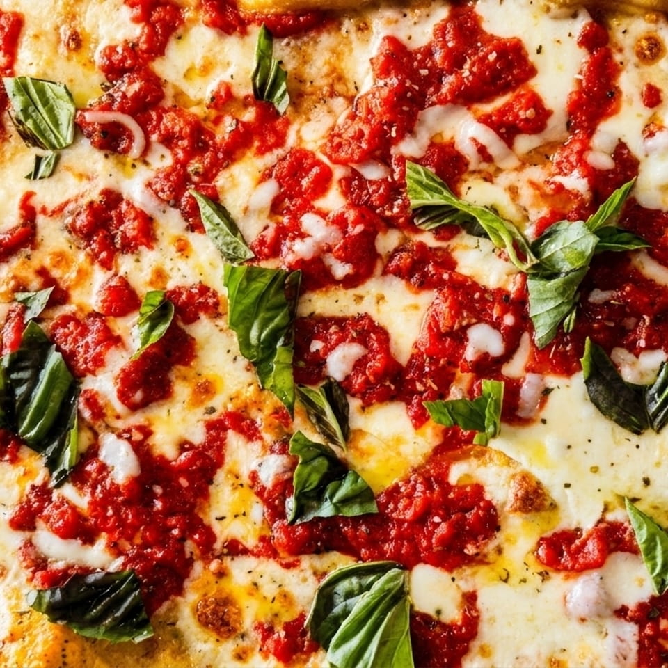 Close-up of a rectangular pizza with melted mozzarella, dollops of red sauce, and fresh basil leaves.
