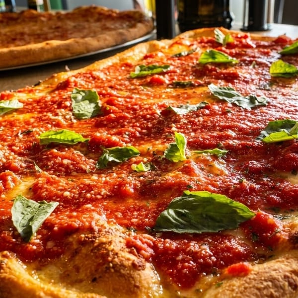 Two rectangular pizzas, one in focus with rich red sauce, fresh basil, and melted cheese.