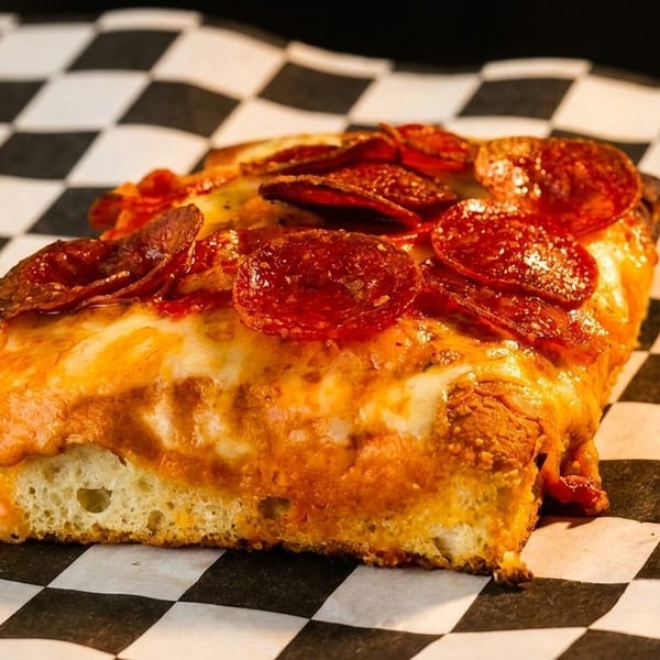 Thick-crust pepperoni pizza slice on black and white checkered paper, showcasing melted cheese and crispy edges.