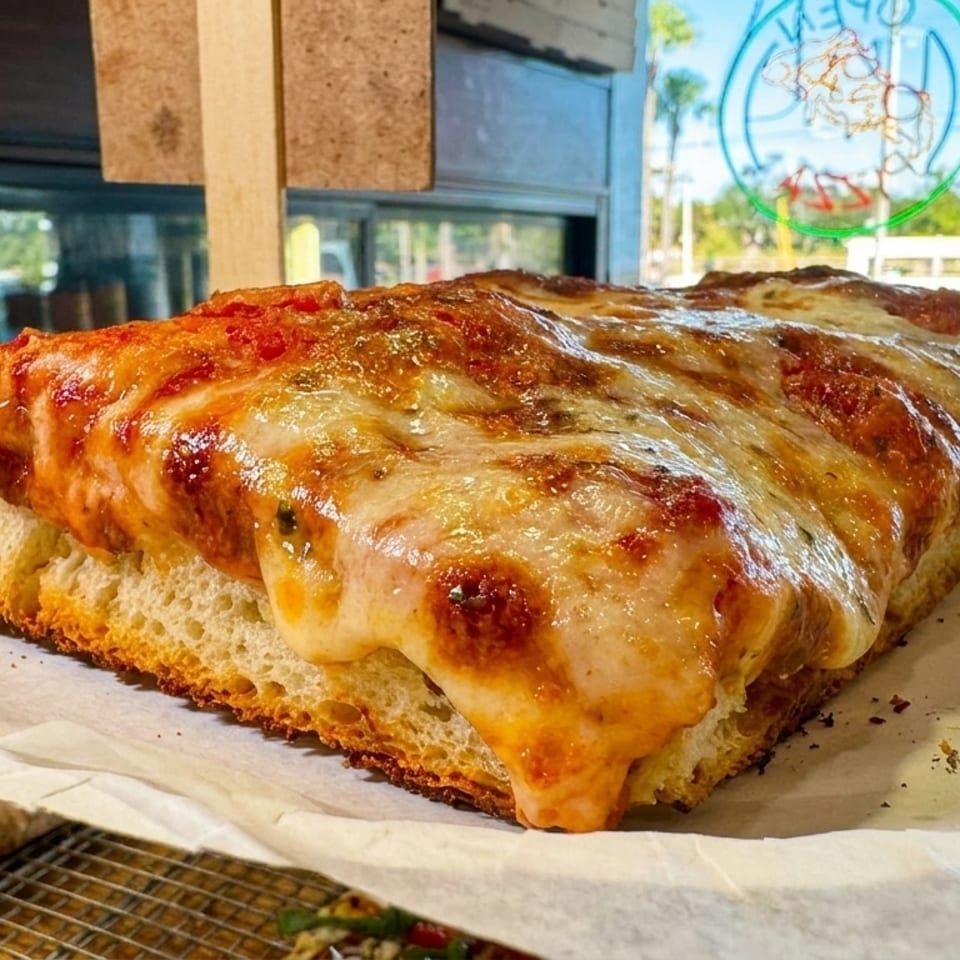 Thick-crust Sicilian pizza slice with melted cheese and tomato sauce on parchment paper.