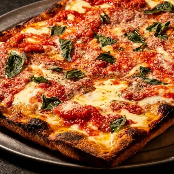 Rectangular Detroit-style pizza with melted cheese, red sauce, fresh basil, and a thick, crispy crust.