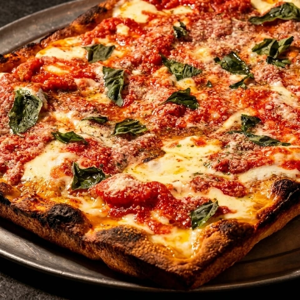 Rectangular Detroit-style pizza with melted cheese, red sauce, fresh basil, and a thick, crispy crust.