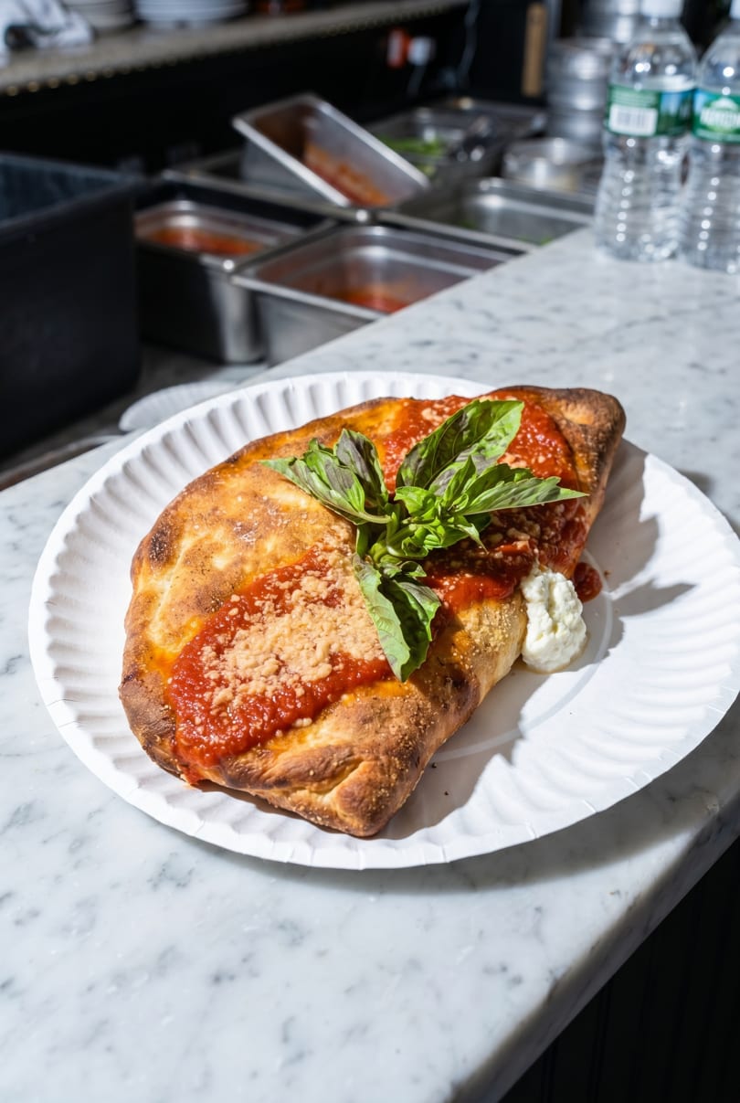 A calzone topped with red sauce, parmesan, fresh basil, and a dollop of ricotta on a paper plate.